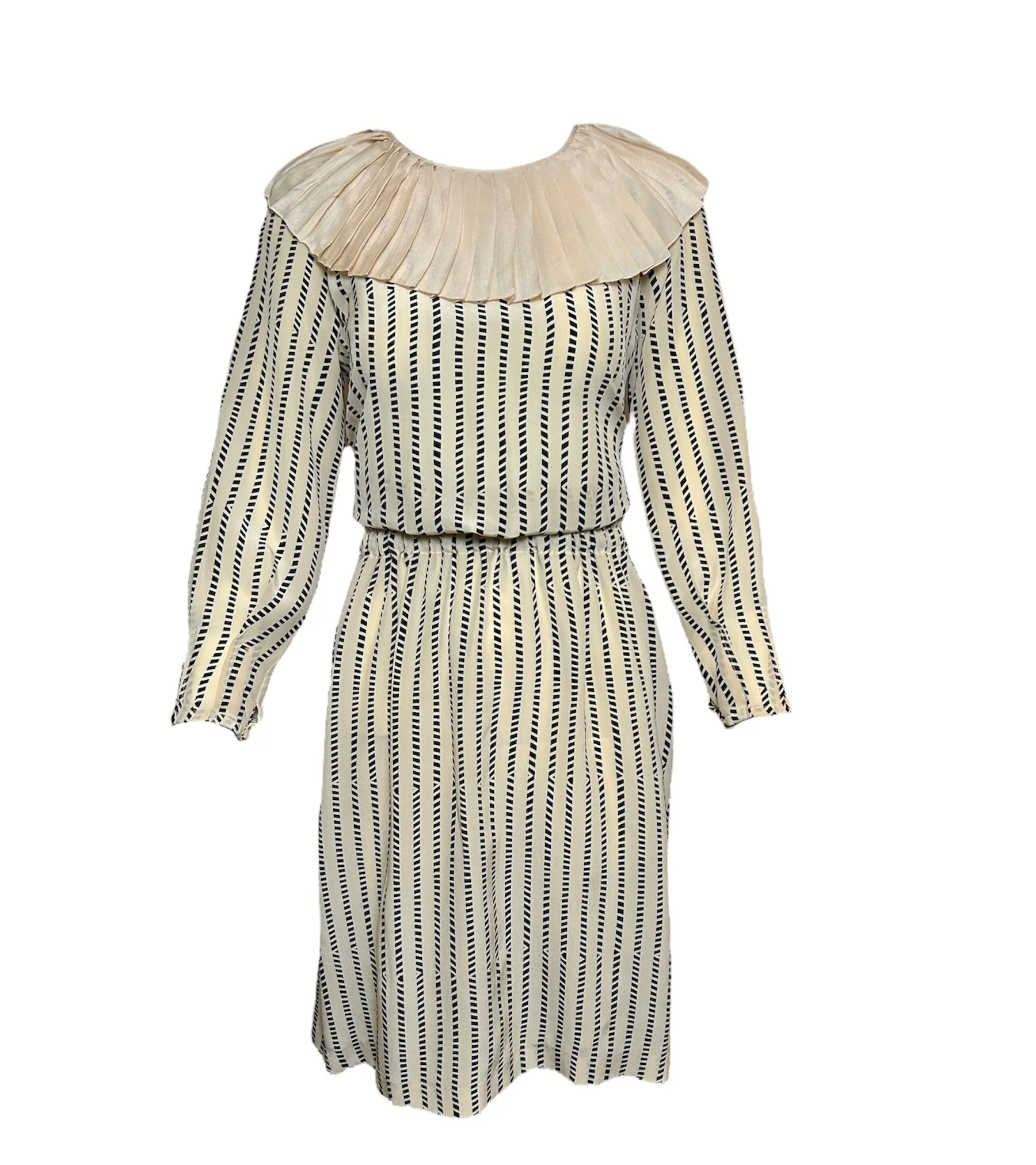 Chloe Beige and Navy Babydoll Silk Dress with Ruffle Collar