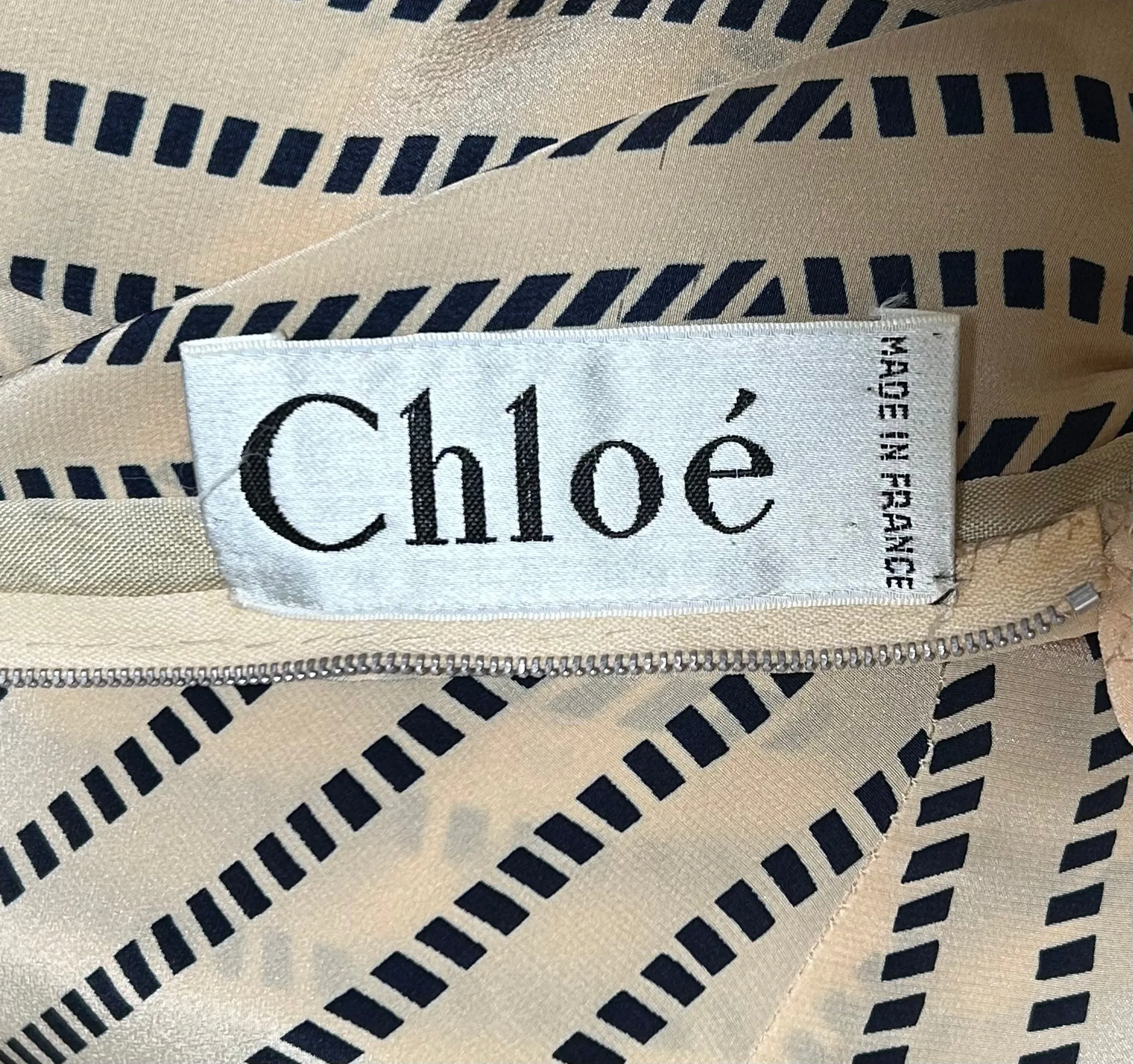 Chloe Beige and Navy Babydoll Silk Dress with Ruffle Collar