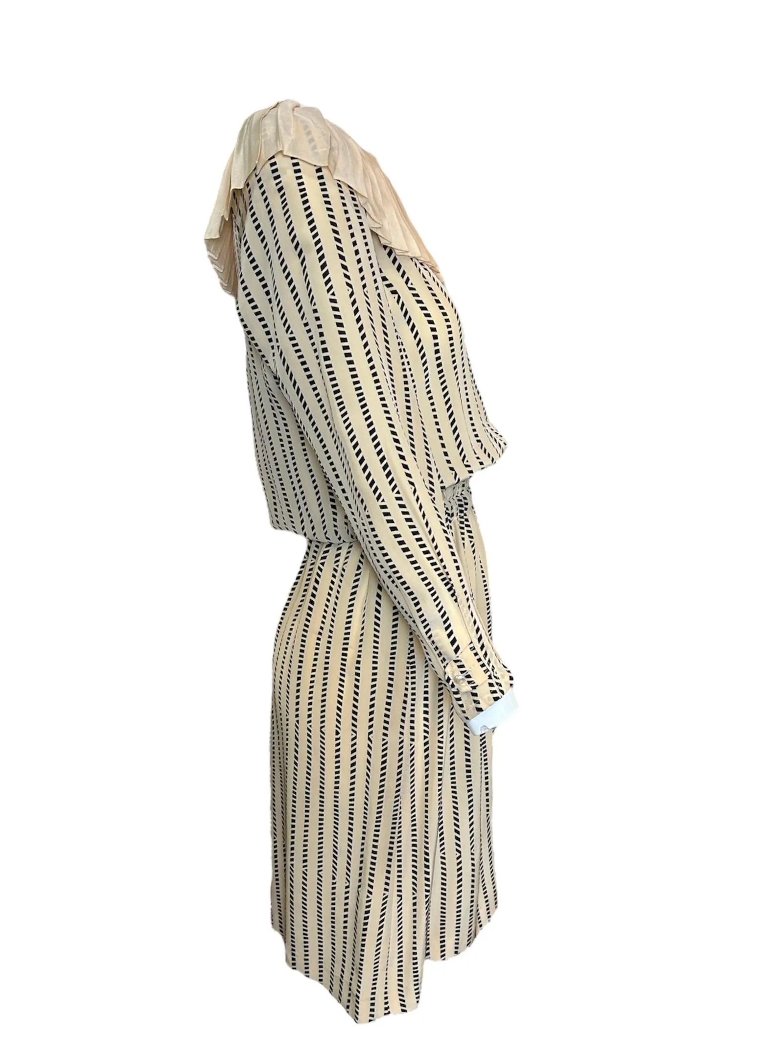 Chloe Beige and Navy Babydoll Silk Dress with Ruffle Collar