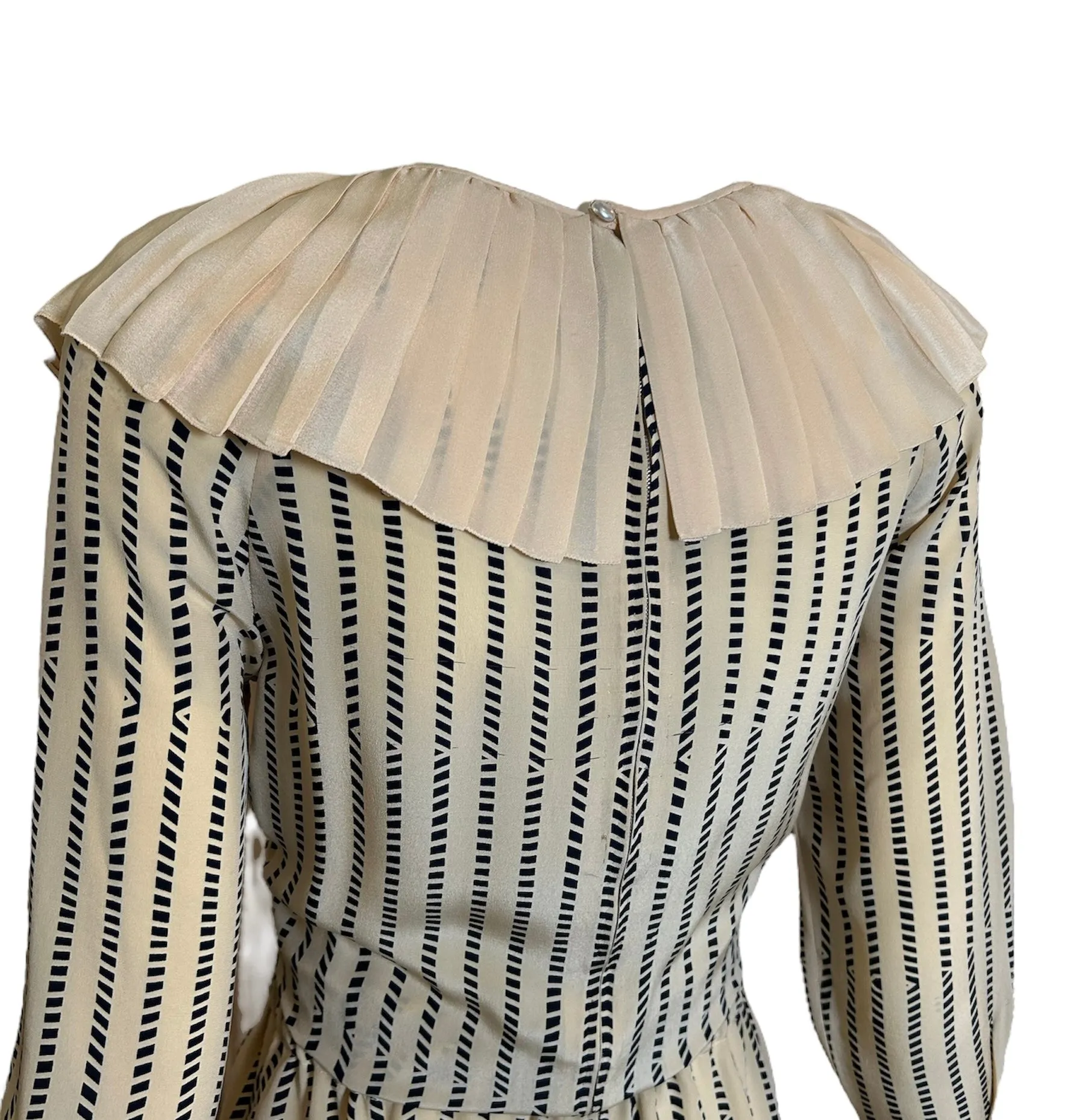 Chloe Beige and Navy Babydoll Silk Dress with Ruffle Collar