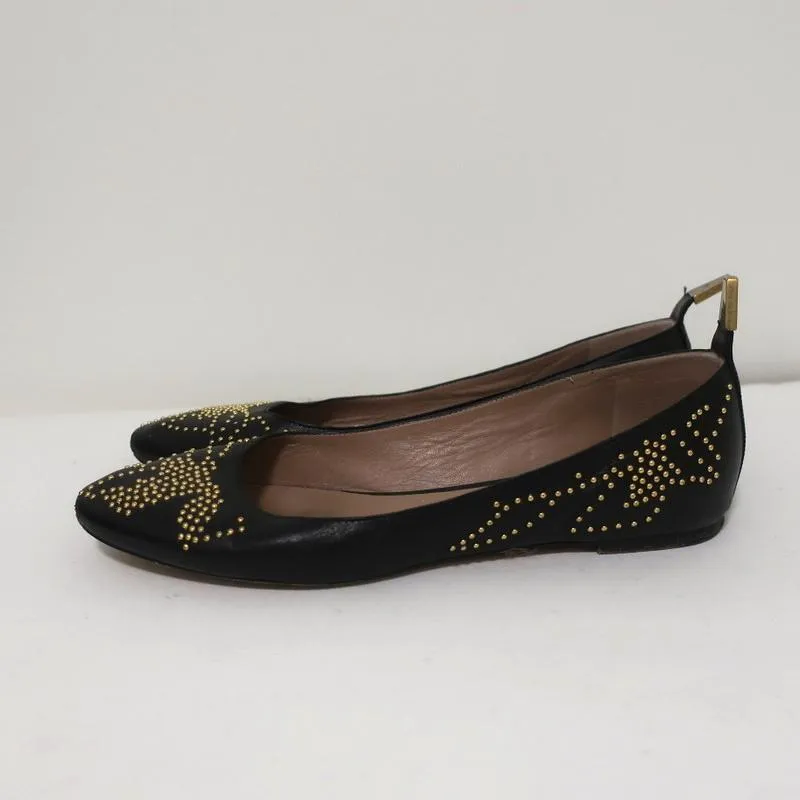 Chloe Suzanna Studded Ballet Flats Black Leather Size 38 Pointed Toe