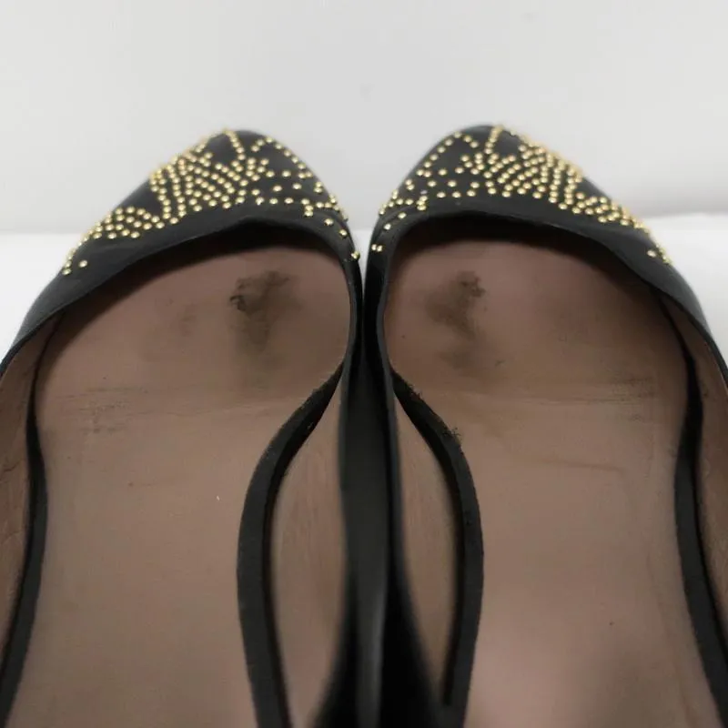 Chloe Suzanna Studded Ballet Flats Black Leather Size 38 Pointed Toe