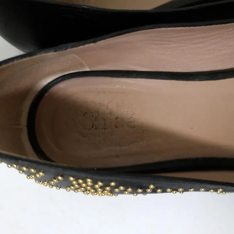 Chloe Suzanna Studded Ballet Flats Black Leather Size 38 Pointed Toe