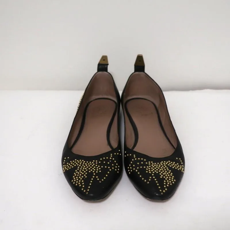 Chloe Suzanna Studded Ballet Flats Black Leather Size 38 Pointed Toe
