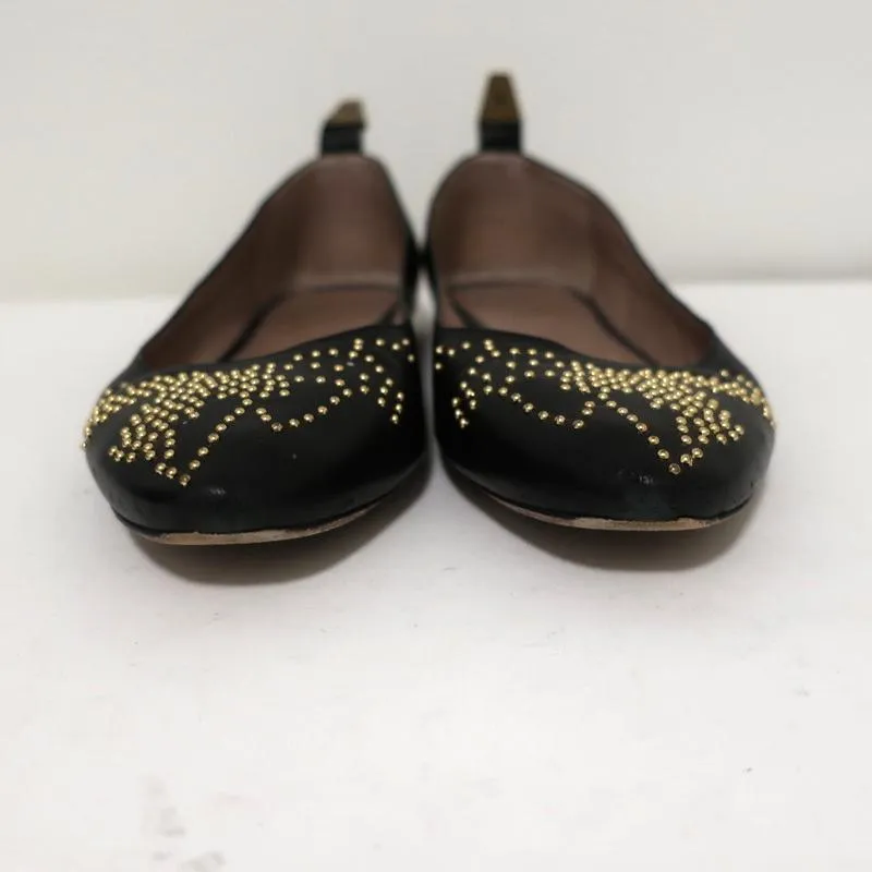 Chloe Suzanna Studded Ballet Flats Black Leather Size 38 Pointed Toe