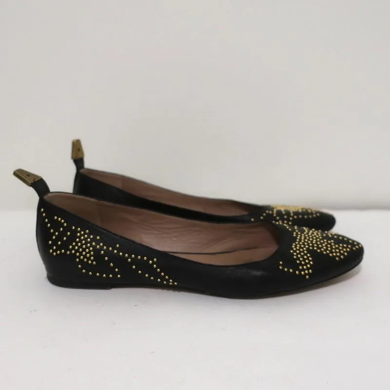 Chloe Suzanna Studded Ballet Flats Black Leather Size 38 Pointed Toe