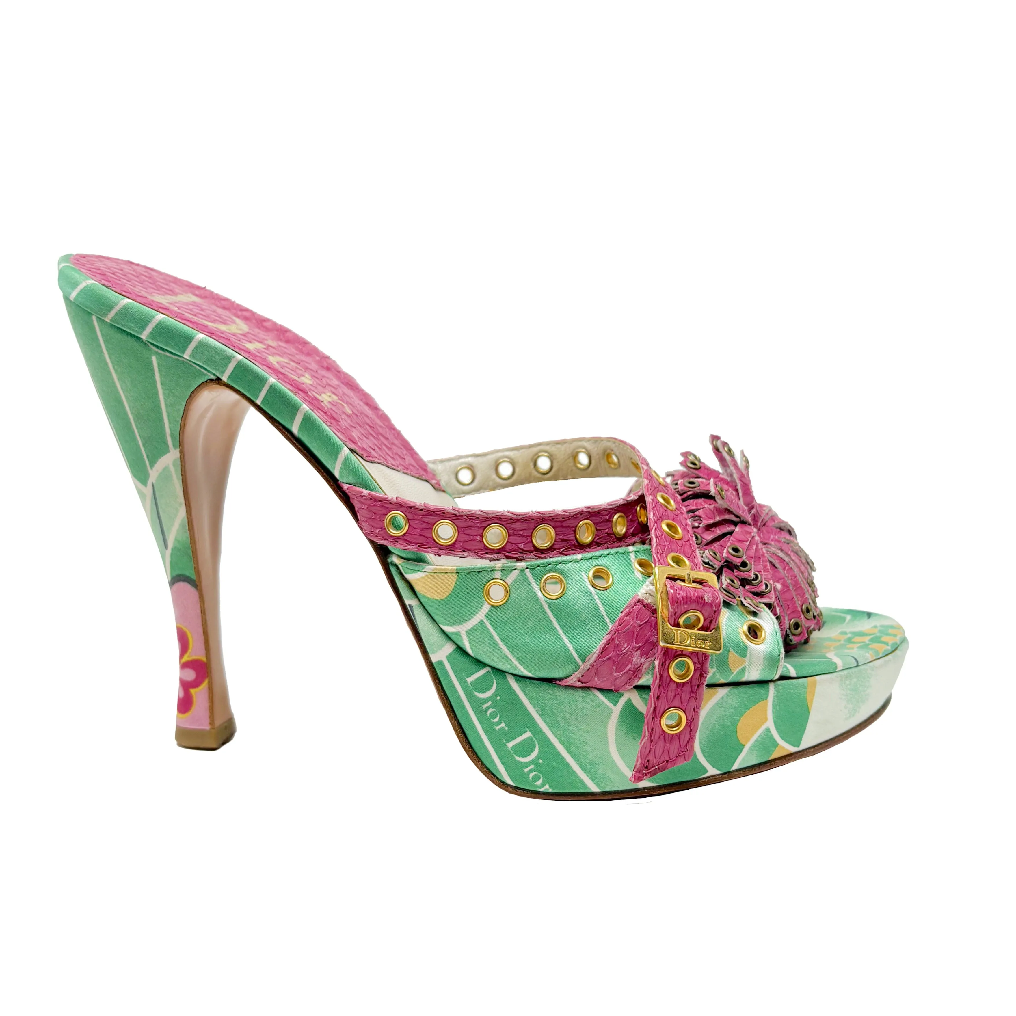 Christian Dior Koi Print Satin Heels with Python Trim, AW03, 38 EU / 8 US