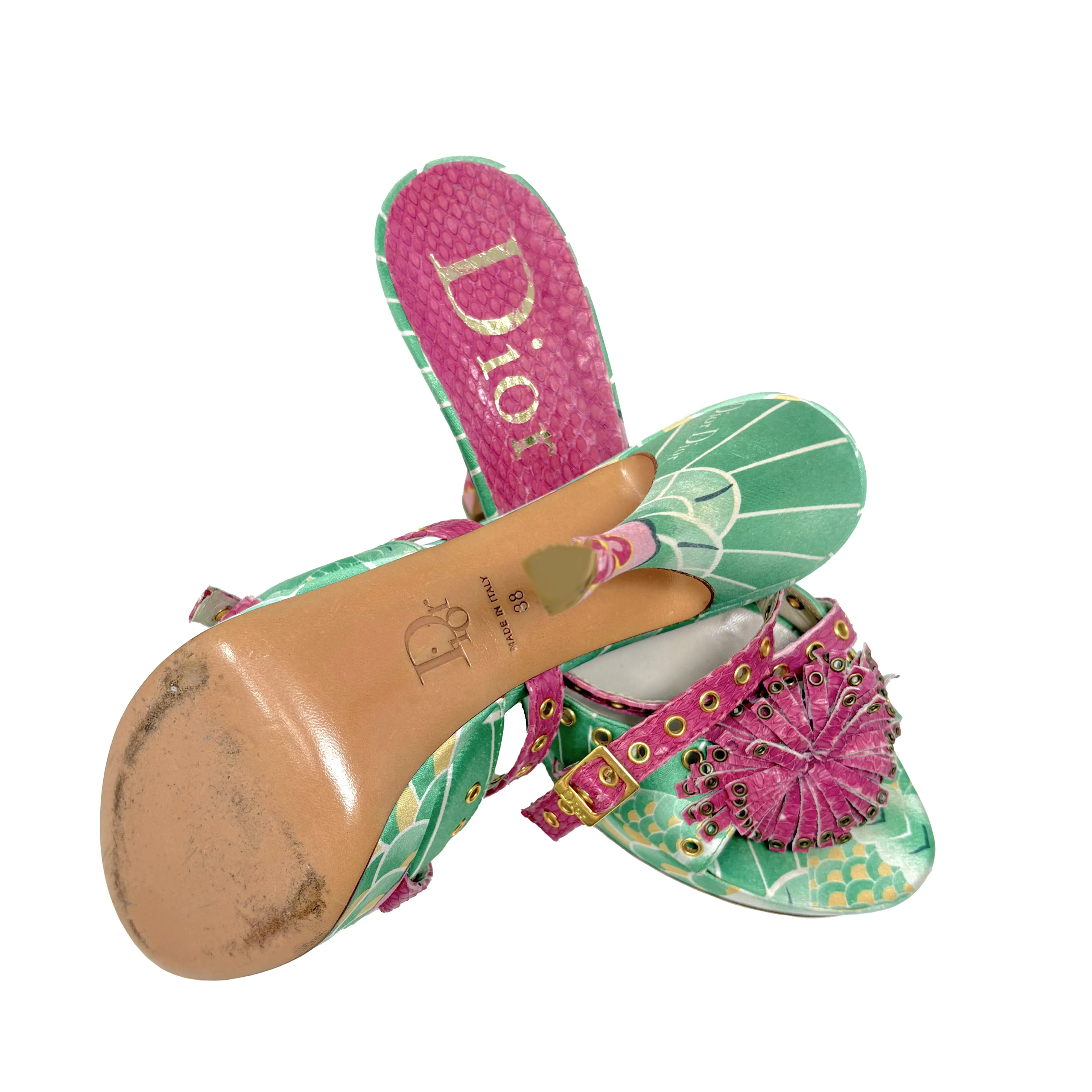 Christian Dior Koi Print Satin Heels with Python Trim, AW03, 38 EU / 8 US