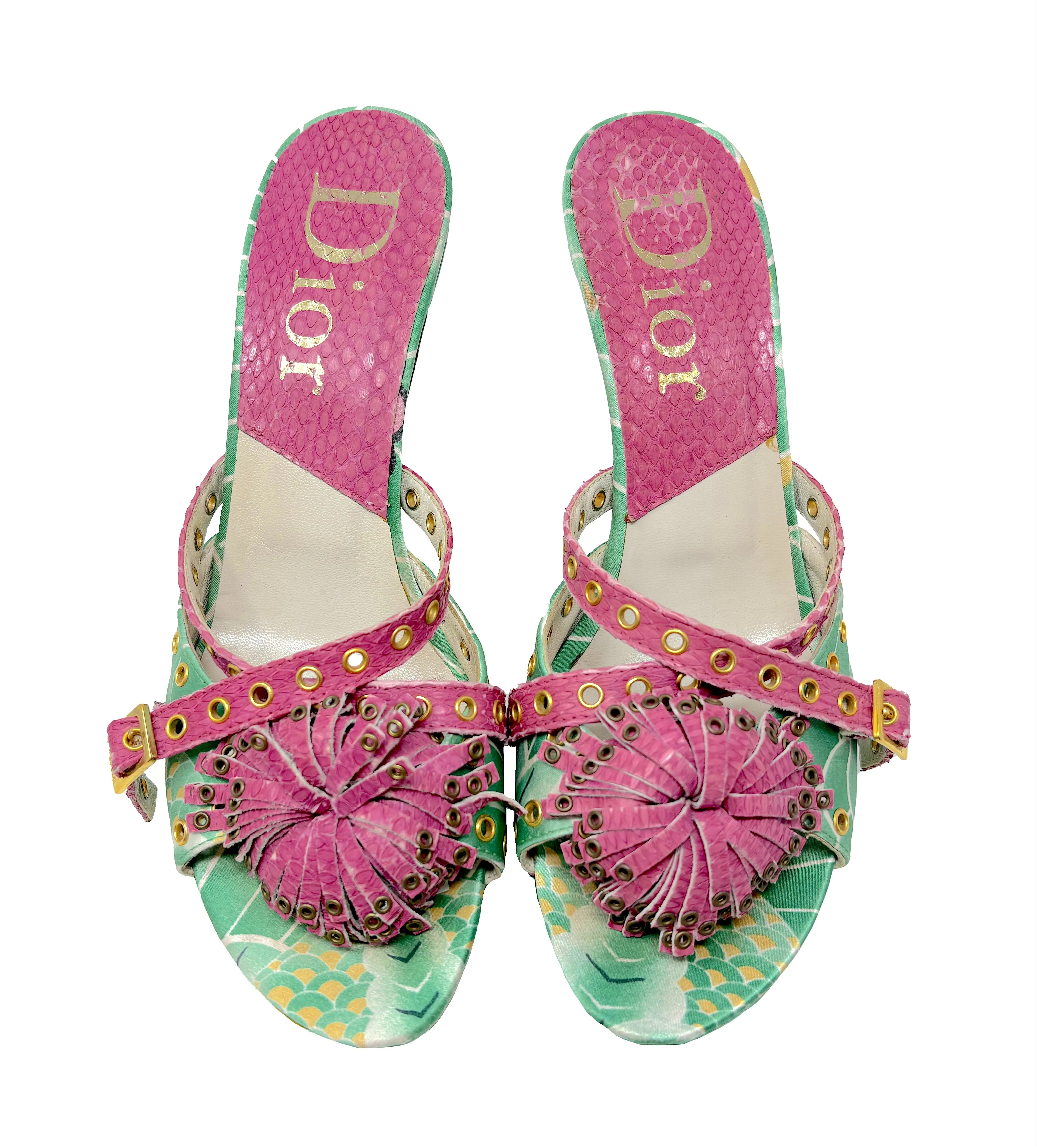 Christian Dior Koi Print Satin Heels with Python Trim, AW03, 38 EU / 8 US