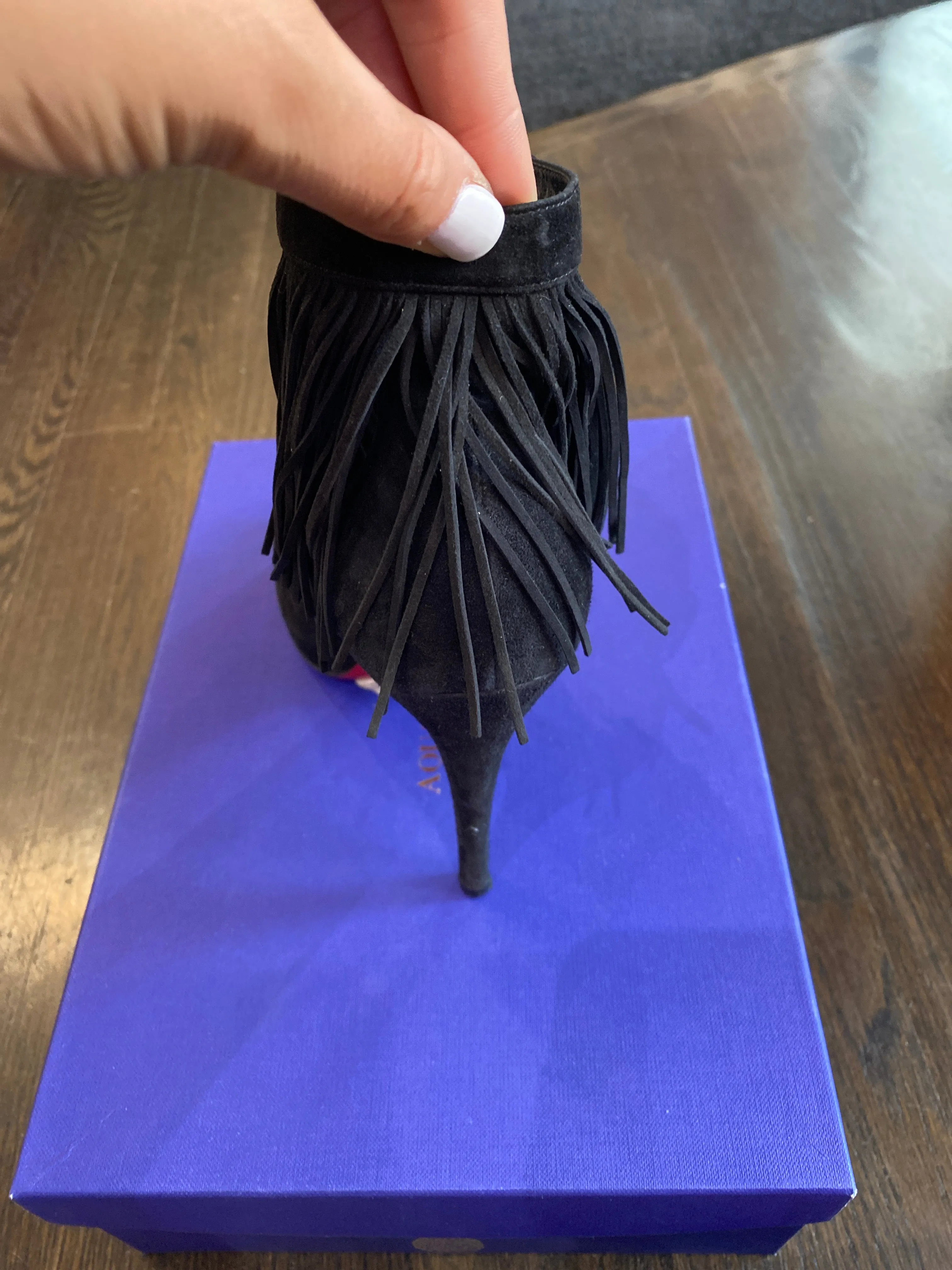 Christian Louboutin Black suede Peep Toe Platform Shoe with Fringe Ankle