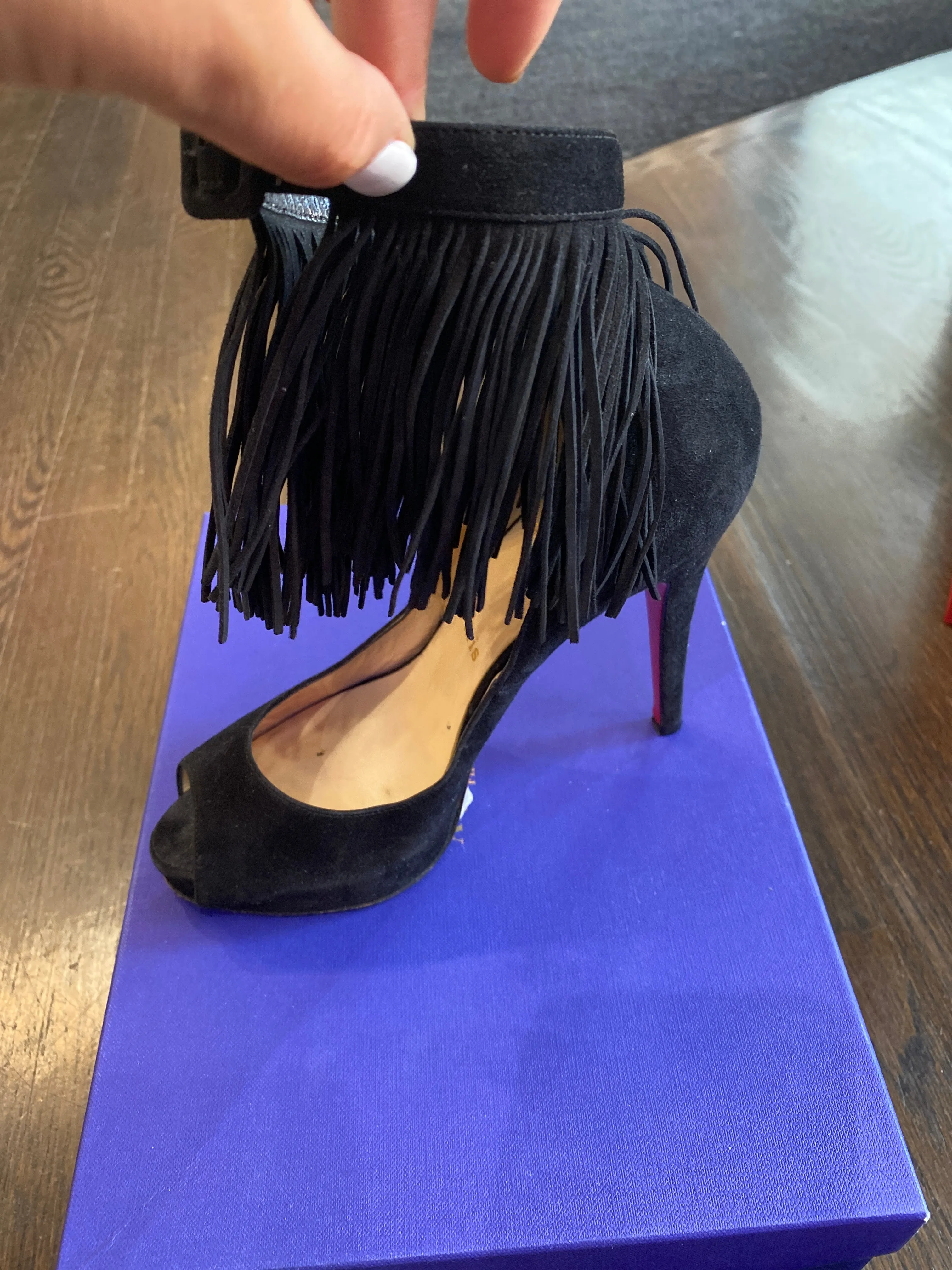 Christian Louboutin Black suede Peep Toe Platform Shoe with Fringe Ankle