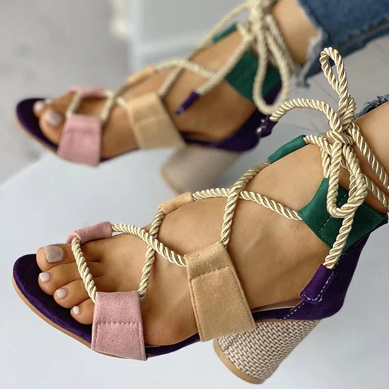 Colourblock Lace-up Chunky Heels Open Toe Sandals