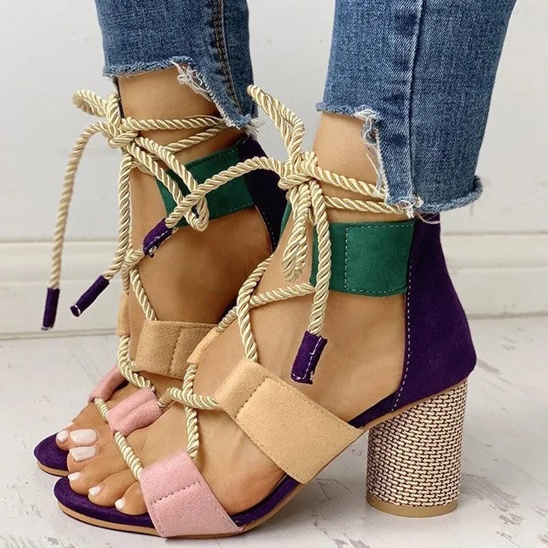 Colourblock Lace-up Chunky Heels Open Toe Sandals