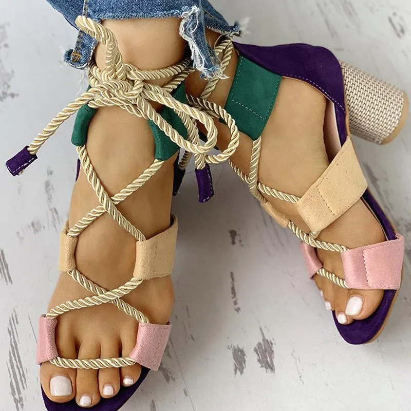 Colourblock Lace-up Chunky Heels Open Toe Sandals