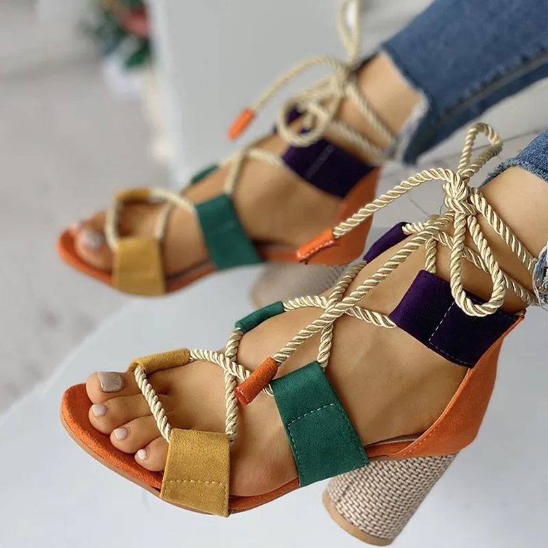 Colourblock Lace-up Chunky Heels Open Toe Sandals