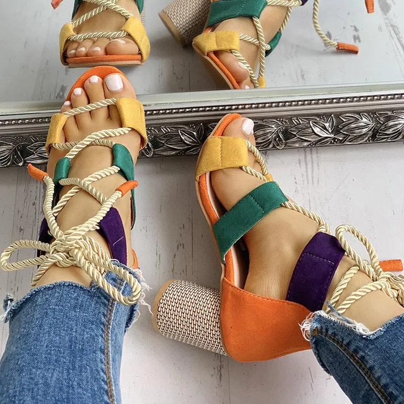 Colourblock Lace-up Chunky Heels Open Toe Sandals