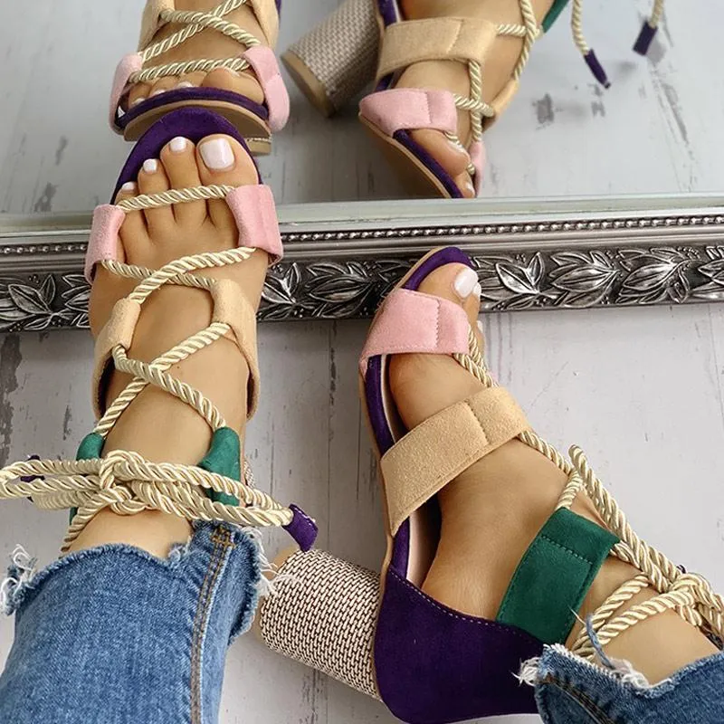 Colourblock Lace-up Chunky Heels Open Toe Sandals