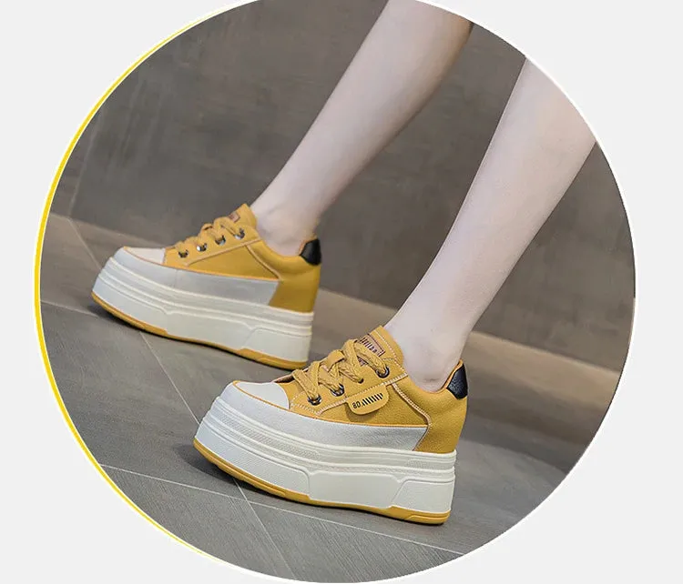 Cow Suede Genuine Leather Women’s Vulcanized Shoes - Platform Wedge, Skateboarding High Brand Heels, Casual Summer Shoes 9cm