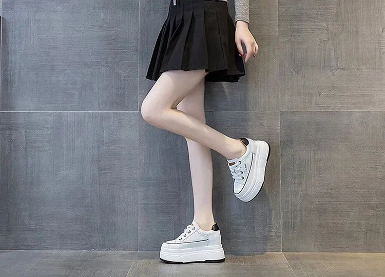 Cow Suede Genuine Leather Women’s Vulcanized Shoes - Platform Wedge, Skateboarding High Brand Heels, Casual Summer Shoes 9cm