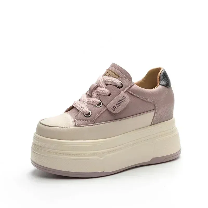 Cow Suede Genuine Leather Women’s Vulcanized Shoes - Platform Wedge, Skateboarding High Brand Heels, Casual Summer Shoes 9cm