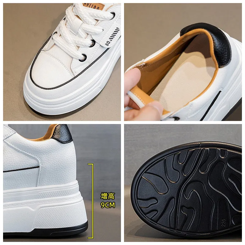 Cow Suede Genuine Leather Women’s Vulcanized Shoes - Platform Wedge, Skateboarding High Brand Heels, Casual Summer Shoes 9cm