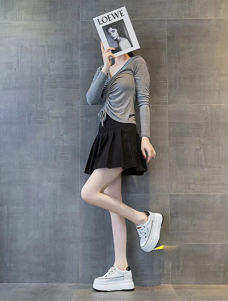 Cow Suede Genuine Leather Women’s Vulcanized Shoes - Platform Wedge, Skateboarding High Brand Heels, Casual Summer Shoes 9cm