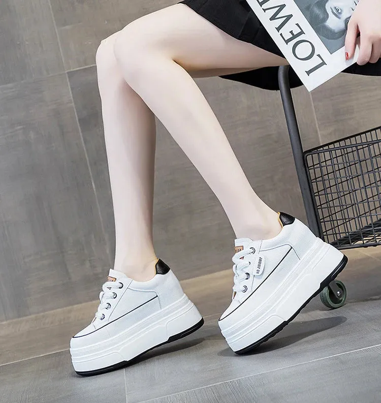 Cow Suede Genuine Leather Women’s Vulcanized Shoes - Platform Wedge, Skateboarding High Brand Heels, Casual Summer Shoes 9cm