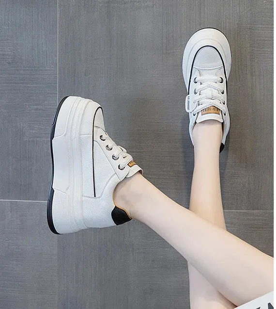 Cow Suede Genuine Leather Women’s Vulcanized Shoes - Platform Wedge, Skateboarding High Brand Heels, Casual Summer Shoes 9cm