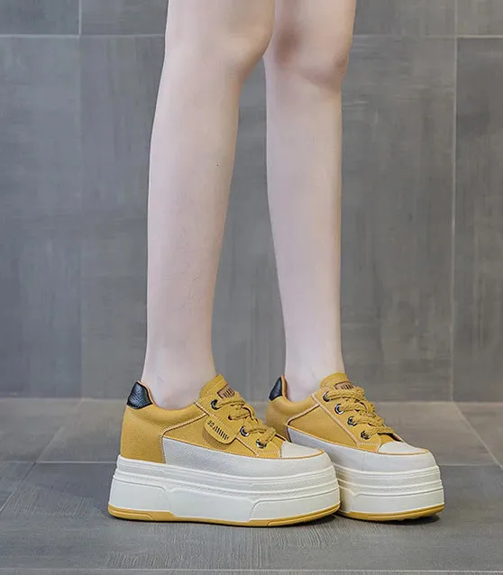 Cow Suede Genuine Leather Women’s Vulcanized Shoes - Platform Wedge, Skateboarding High Brand Heels, Casual Summer Shoes 9cm