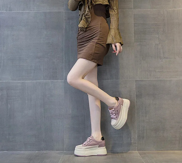 Cow Suede Genuine Leather Women’s Vulcanized Shoes - Platform Wedge, Skateboarding High Brand Heels, Casual Summer Shoes 9cm
