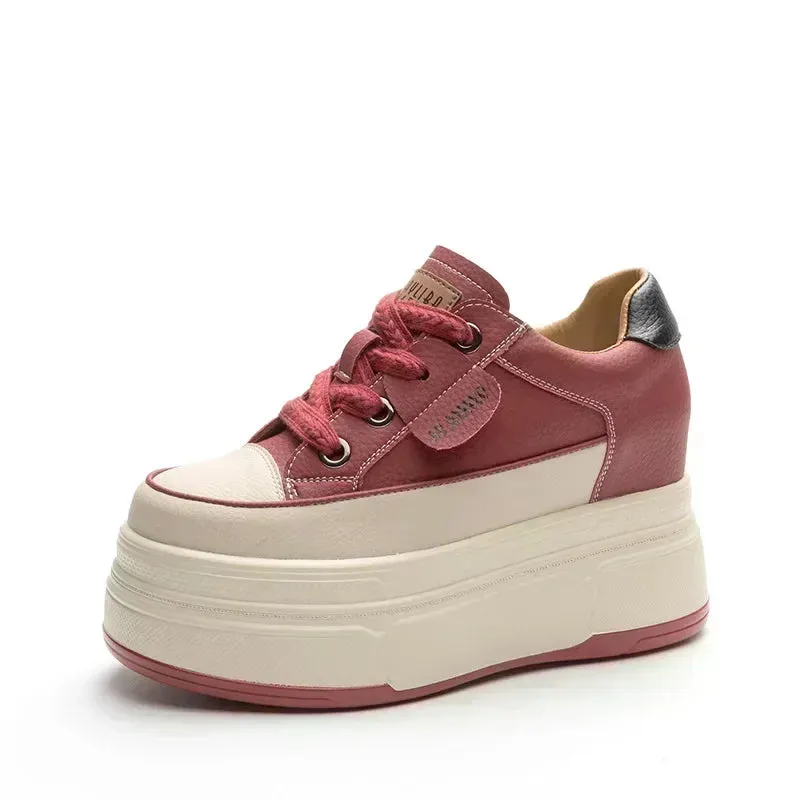 Cow Suede Genuine Leather Women’s Vulcanized Shoes - Platform Wedge, Skateboarding High Brand Heels, Casual Summer Shoes 9cm