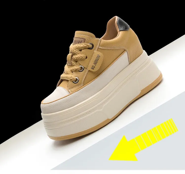 Cow Suede Genuine Leather Women’s Vulcanized Shoes - Platform Wedge, Skateboarding High Brand Heels, Casual Summer Shoes 9cm