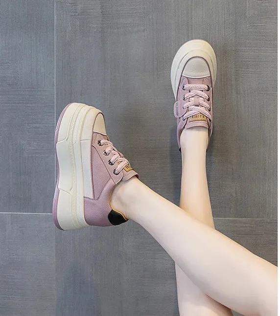 Cow Suede Genuine Leather Women’s Vulcanized Shoes - Platform Wedge, Skateboarding High Brand Heels, Casual Summer Shoes 9cm