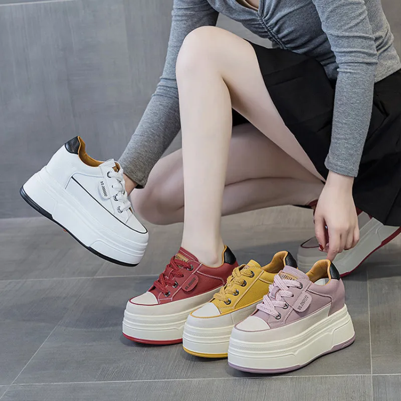 Cow Suede Genuine Leather Women’s Vulcanized Shoes - Platform Wedge, Skateboarding High Brand Heels, Casual Summer Shoes 9cm
