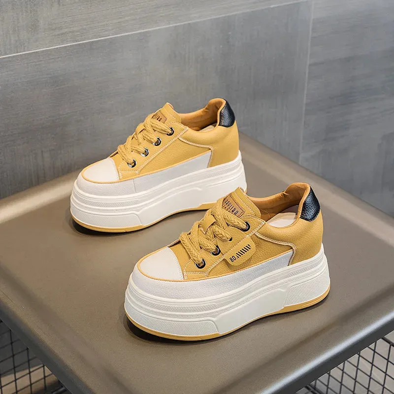 Cow Suede Genuine Leather Women’s Vulcanized Shoes - Platform Wedge, Skateboarding High Brand Heels, Casual Summer Shoes 9cm