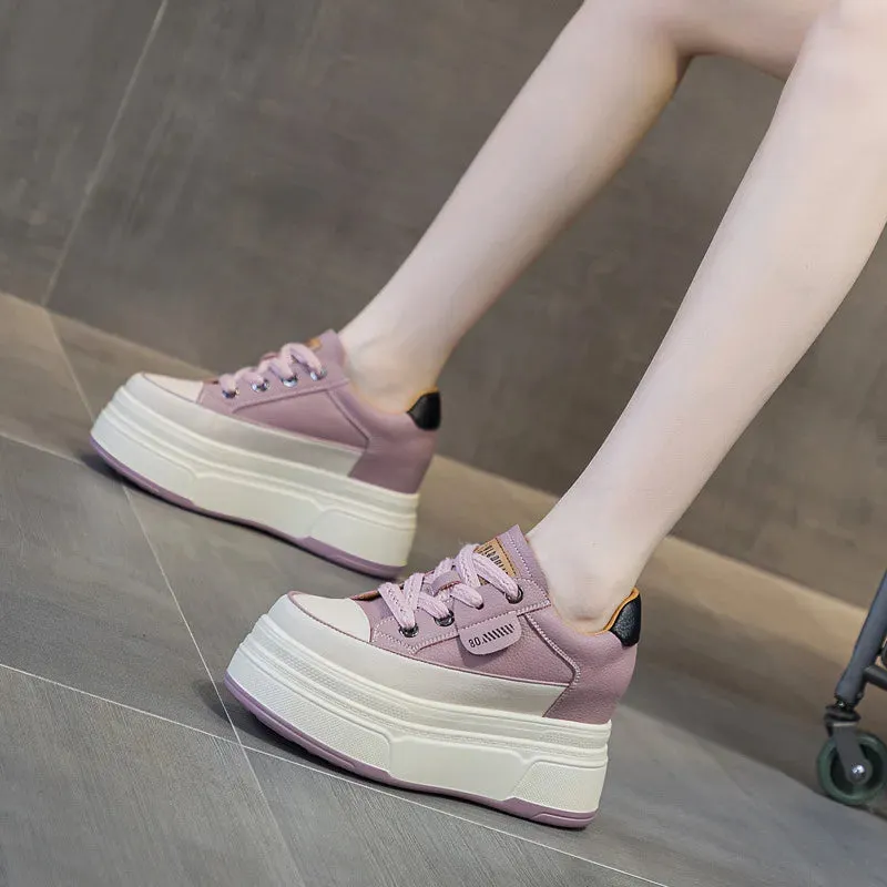 Cow Suede Genuine Leather Women’s Vulcanized Shoes - Platform Wedge, Skateboarding High Brand Heels, Casual Summer Shoes 9cm