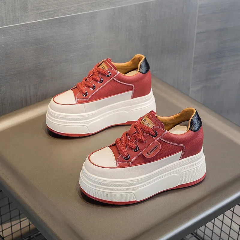 Cow Suede Genuine Leather Women’s Vulcanized Shoes - Platform Wedge, Skateboarding High Brand Heels, Casual Summer Shoes 9cm
