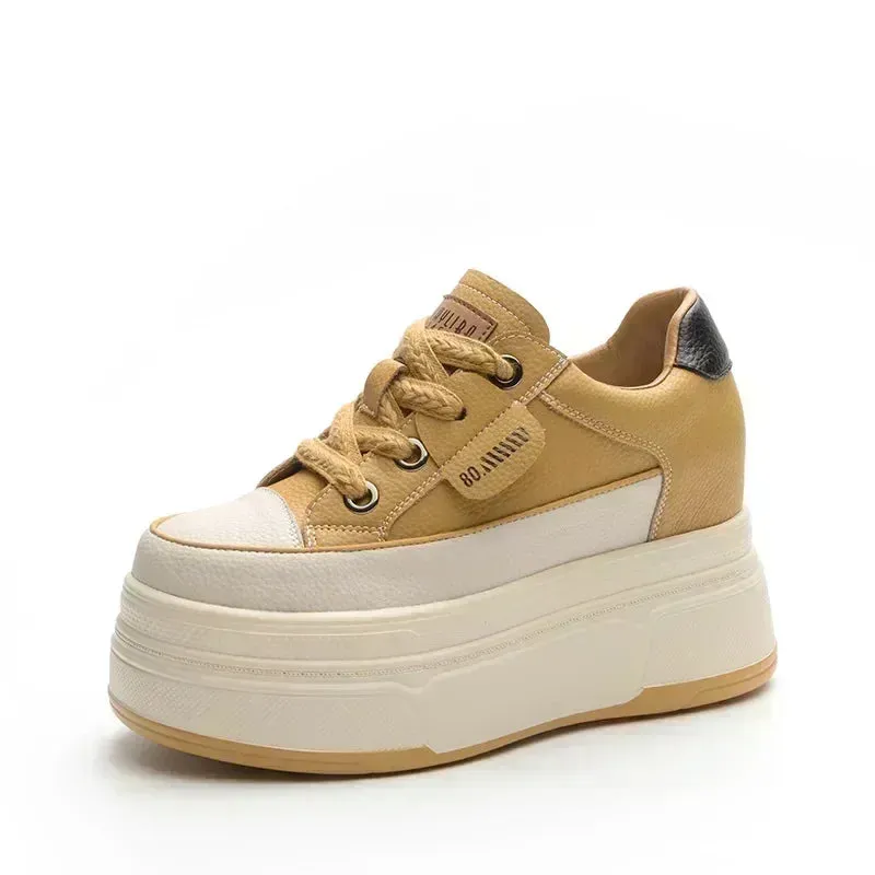 Cow Suede Genuine Leather Women’s Vulcanized Shoes - Platform Wedge, Skateboarding High Brand Heels, Casual Summer Shoes 9cm