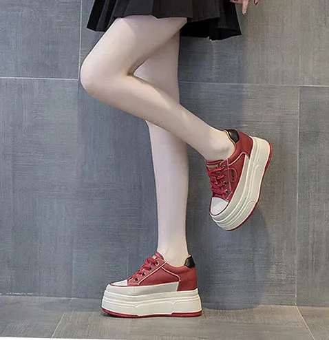 Cow Suede Genuine Leather Women’s Vulcanized Shoes - Platform Wedge, Skateboarding High Brand Heels, Casual Summer Shoes 9cm