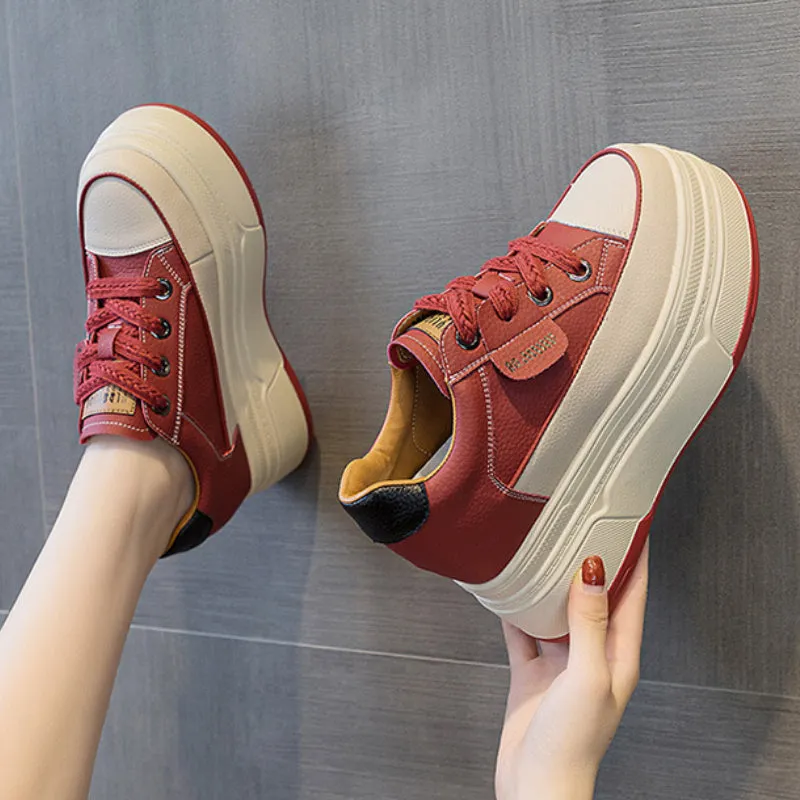 Cow Suede Genuine Leather Women’s Vulcanized Shoes - Platform Wedge, Skateboarding High Brand Heels, Casual Summer Shoes 9cm