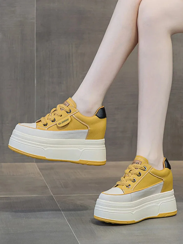 Cow Suede Genuine Leather Women’s Vulcanized Shoes - Platform Wedge, Skateboarding High Brand Heels, Casual Summer Shoes 9cm