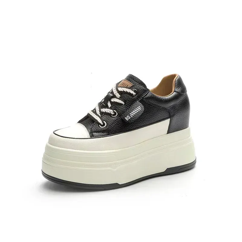 Cow Suede Genuine Leather Women’s Vulcanized Shoes - Platform Wedge, Skateboarding High Brand Heels, Casual Summer Shoes 9cm