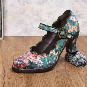 CrazycatZ Women's Leather Mary Jane Shoes Mary Jane Colorful Leather Oxfords Vintage Leather Pumps Green Floral