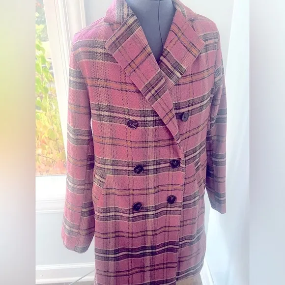 Davi &amp; Dani Sz Small  Pink Houndstooth Plaid Double Breasted Button Coat Jacket