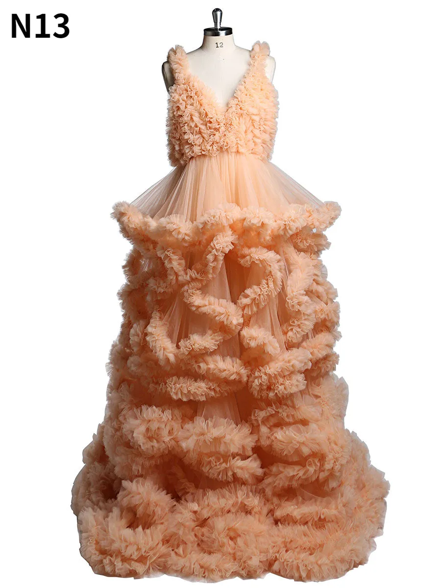 Deep V-neck Tull Full Ruffles Backless Cloud Dress Materning Dress for Photoshoot