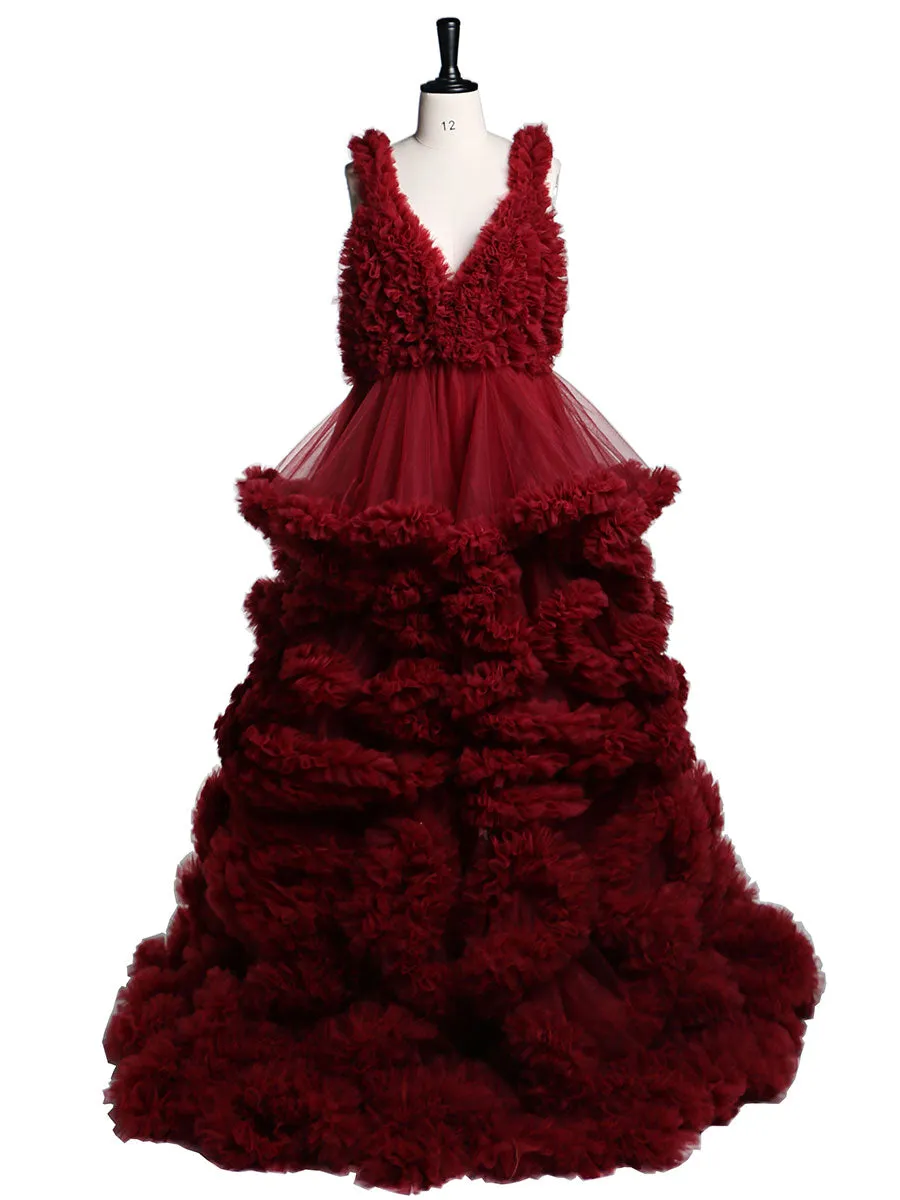 Deep V-neck Tull Full Ruffles Backless Cloud Dress Materning Dress for Photoshoot