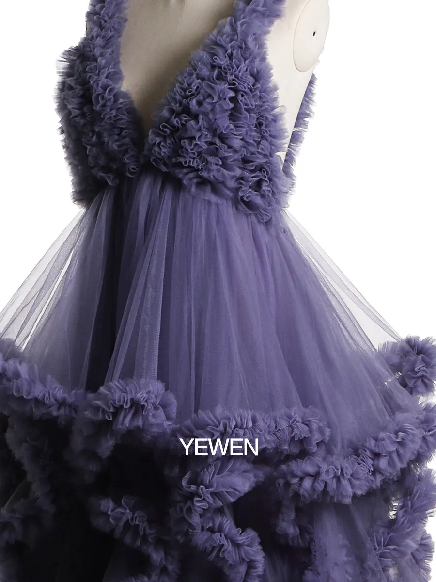 Deep V-neck Tull Full Ruffles Backless Cloud Dress Materning Dress for Photoshoot