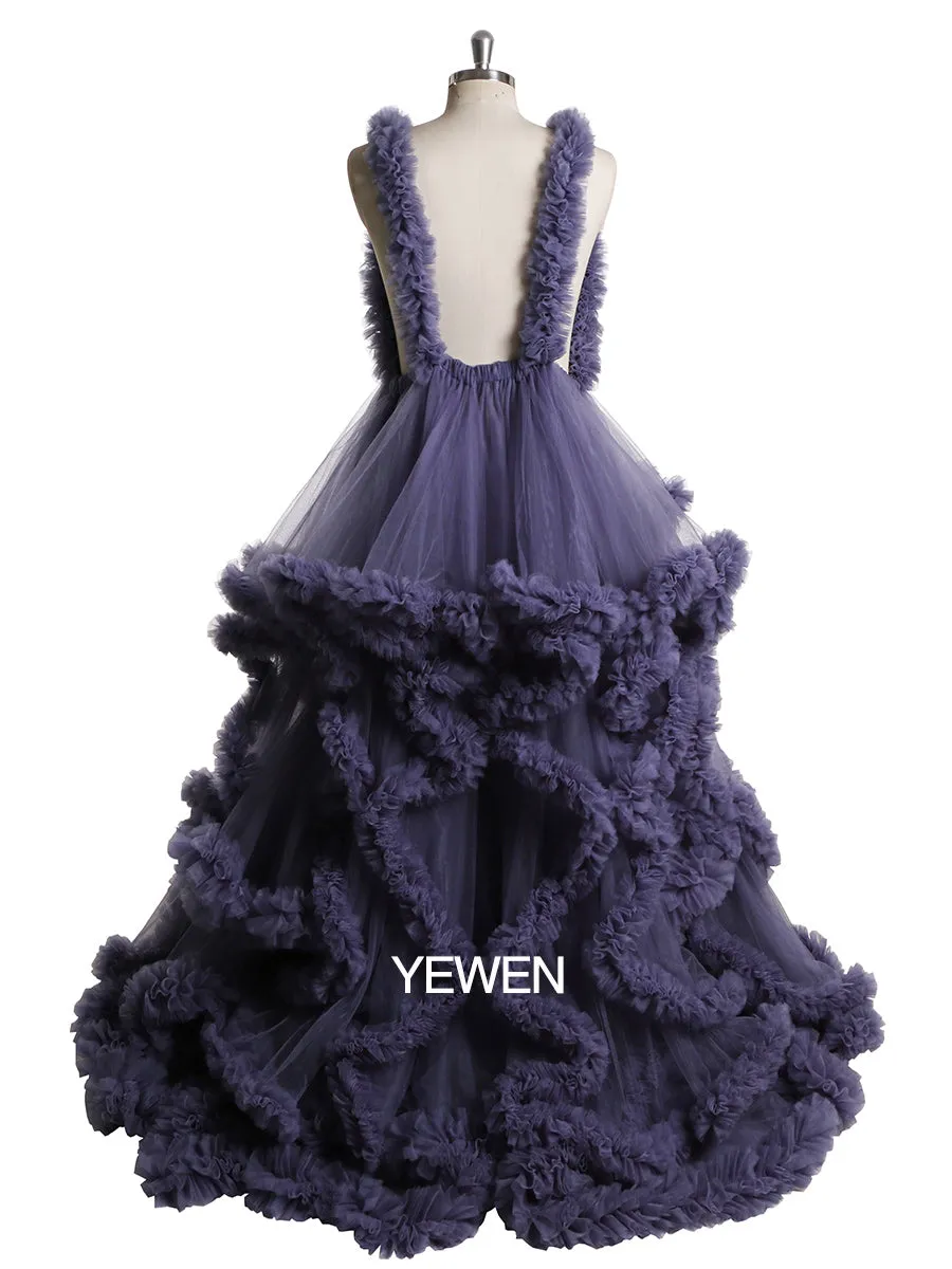 Deep V-neck Tull Full Ruffles Backless Cloud Dress Materning Dress for Photoshoot