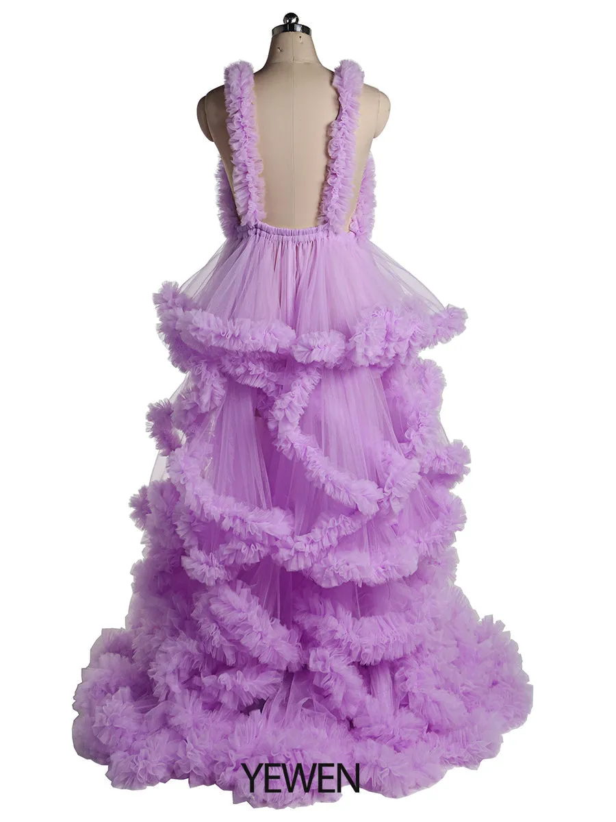 Deep V-neck Tull Full Ruffles Backless Cloud Dress Materning Dress for Photoshoot
