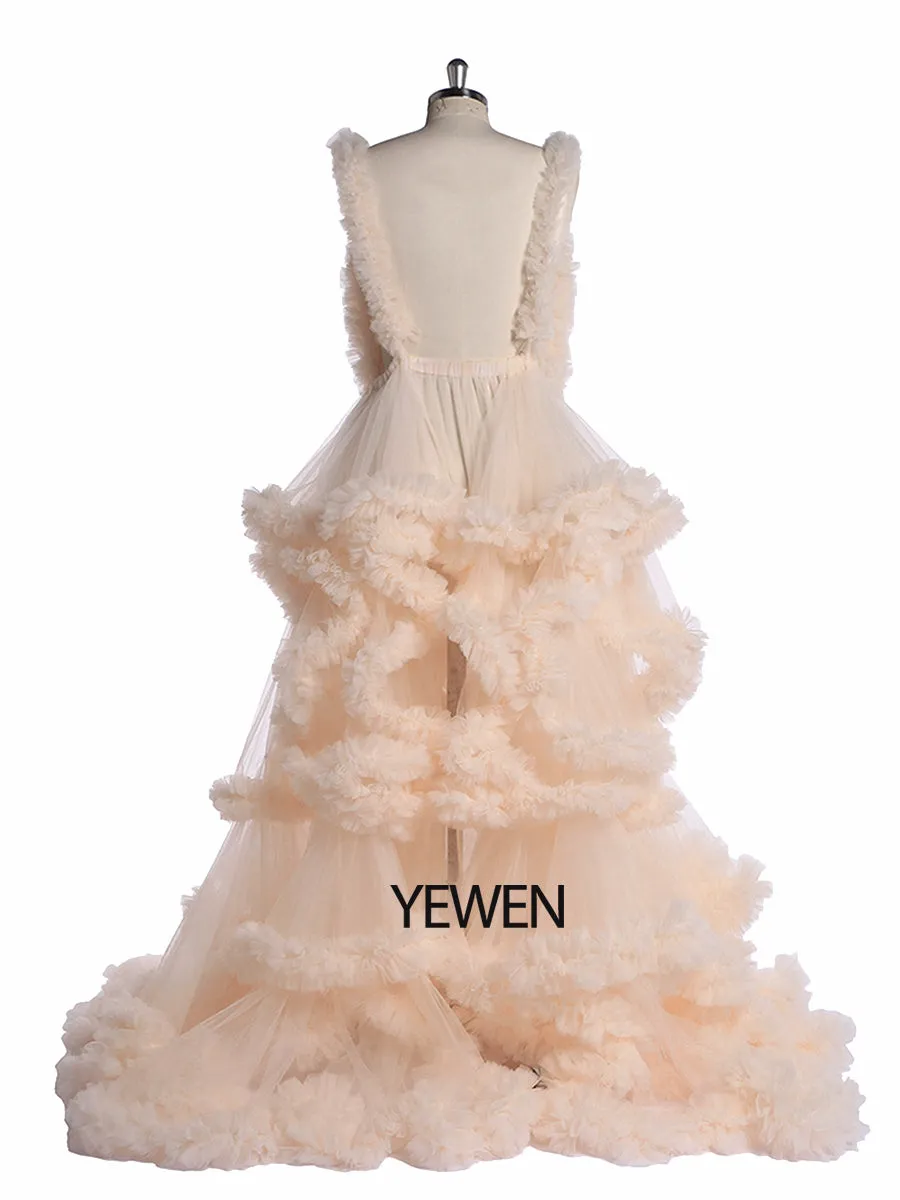 Deep V-neck Tull Full Ruffles Backless Cloud Dress Materning Dress for Photoshoot